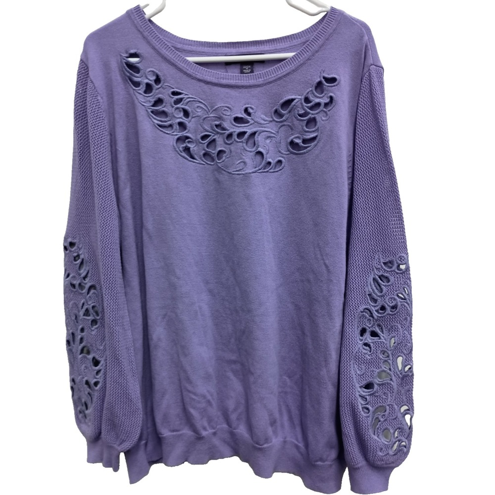 Roaman's BOHO Sweater Womens Size 1X Purple Embroidered Eyelet Balloon Sleeve